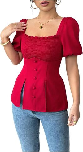 SweatyRocks Women's Puff Short Sleeve Fitted Blouses Split Tie Back Short Sleeve Smocked Shirts in Saudi Arabia