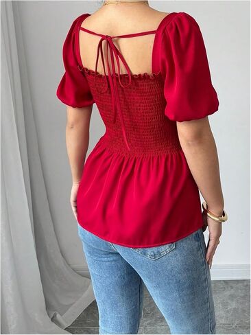 SweatyRocks Women's Puff Short Sleeve Fitted Blouses Split Tie Back Short Sleeve Smocked Shirts in Saudi Arabia