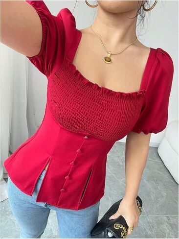 SweatyRocks Women's Puff Short Sleeve Fitted Blouses Split Tie Back Short Sleeve Smocked Shirts in Saudi Arabia