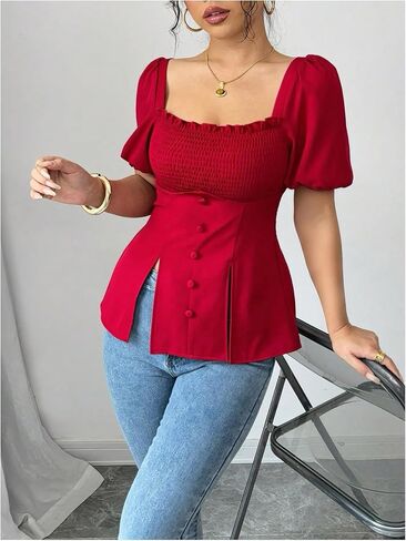 SweatyRocks Women's Puff Short Sleeve Fitted Blouses Split Tie Back Short Sleeve Smocked Shirts in Saudi Arabia