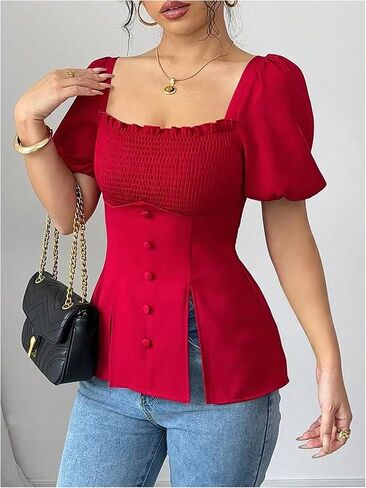 SweatyRocks Women's Puff Short Sleeve Fitted Blouses Split Tie Back Short Sleeve Smocked Shirts in Saudi Arabia