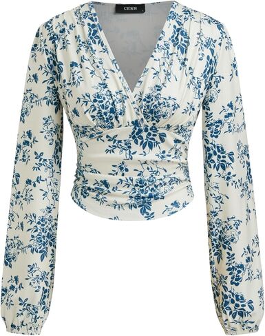 CIDER Floral Print Long Sleeve Crop Top V Neck Blouse Women Fashion in Saudi Arabia