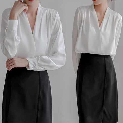 Women's Dressy Casual Satin Tops Business Long Sleeve Shirts White Work Blouses Fall Fashion 2024 in Saudi Arabia