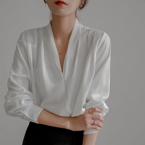 Women's Dressy Casual Satin Tops Business Long Sleeve Shirts White Work Blouses Fall Fashion 2024 in Saudi Arabia