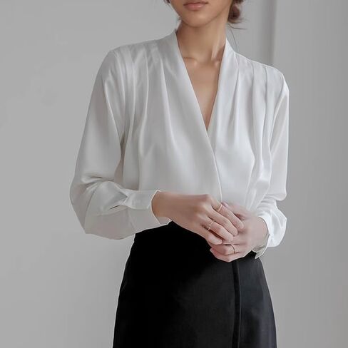 Women's Dressy Casual Satin Tops Business Long Sleeve Shirts White Work Blouses Fall Fashion 2024 in Saudi Arabia