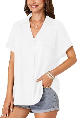 Rooscier Women's Button Down Short Sleeve Batwing Collared V Neck Casual Blouse Shirt Top in Saudi Arabia