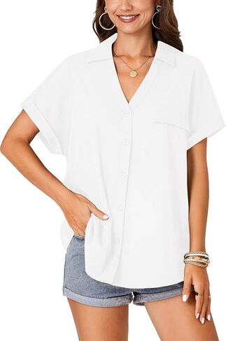 Rooscier Women's Button Down Short Sleeve Batwing Collared V Neck Casual Blouse Shirt Top in Saudi Arabia