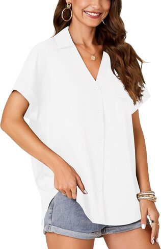 Rooscier Women's Button Down Short Sleeve Batwing Collared V Neck Casual Blouse Shirt Top in Saudi Arabia