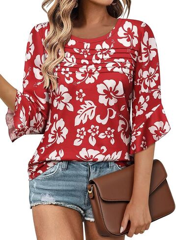 ZXZY Women's 3/4 Length Sleeve Tops Blouses Dressy Casual Hawaiian Shirts Ruffle Bell Sleeve Crew Neck in Saudi Arabia