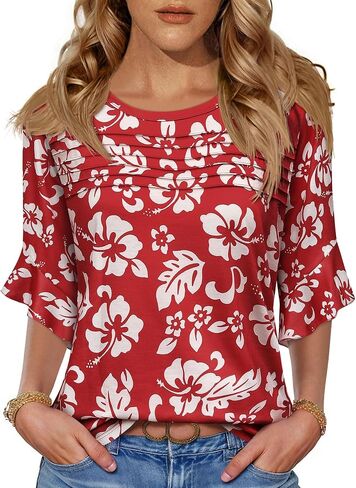 ZXZY Women's 3/4 Length Sleeve Tops Blouses Dressy Casual Hawaiian Shirts Ruffle Bell Sleeve Crew Neck in Saudi Arabia
