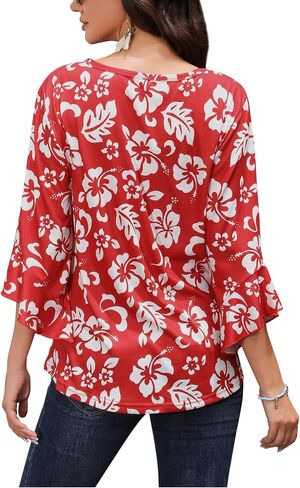 ZXZY Women's 3/4 Length Sleeve Tops Blouses Dressy Casual Hawaiian Shirts Ruffle Bell Sleeve Crew Neck in Saudi Arabia