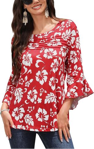 ZXZY Women's 3/4 Length Sleeve Tops Blouses Dressy Casual Hawaiian Shirts Ruffle Bell Sleeve Crew Neck in Saudi Arabia