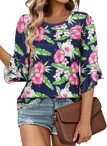 ZXZY Women's 3/4 Length Sleeve Tops Blouses Dressy Casual Hawaiian Shirts Ruffle Bell Sleeve Crew Neck in Saudi Arabia