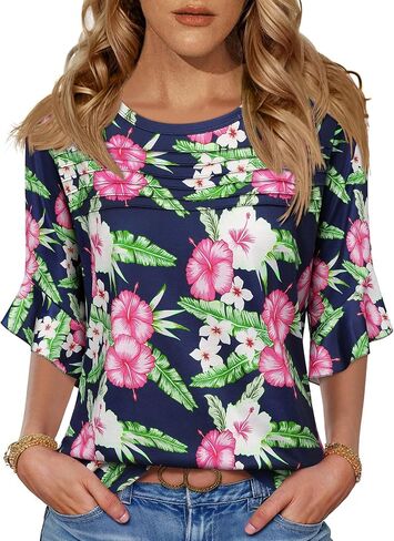 ZXZY Women's 3/4 Length Sleeve Tops Blouses Dressy Casual Hawaiian Shirts Ruffle Bell Sleeve Crew Neck in Saudi Arabia