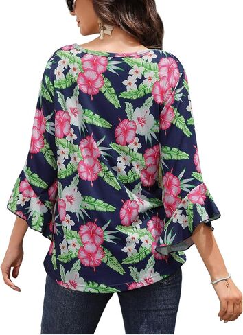 ZXZY Women's 3/4 Length Sleeve Tops Blouses Dressy Casual Hawaiian Shirts Ruffle Bell Sleeve Crew Neck in Saudi Arabia