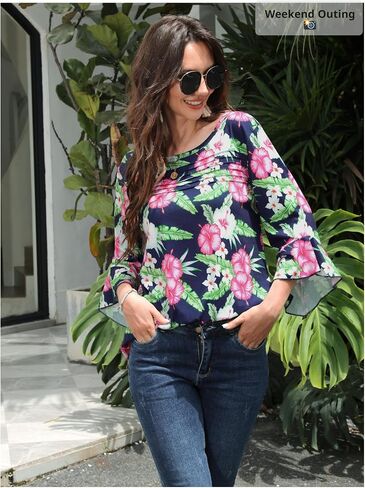 ZXZY Women's 3/4 Length Sleeve Tops Blouses Dressy Casual Hawaiian Shirts Ruffle Bell Sleeve Crew Neck in Saudi Arabia