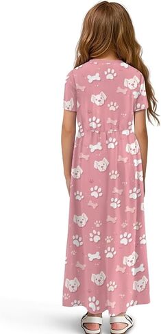 Girls Maxi Dress Kids Short Sleeve Round Neck Casual Dress with Pockets Floral Print Loose Summer Long Dresses in Saudi Arabia