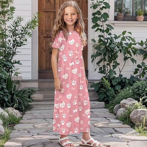 Girls Maxi Dress Kids Short Sleeve Round Neck Casual Dress with Pockets Floral Print Loose Summer Long Dresses in Saudi Arabia