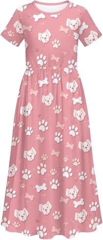Girls Maxi Dress Kids Short Sleeve Round Neck Casual Dress with Pockets Floral Print Loose Summer Long Dresses in Saudi Arabia