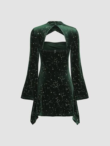 CIDER Party Dress Velvet Star Pattern Bell Sleeve Turtle Neck High Waist Mini Dresses for Women in Saudi Arabia