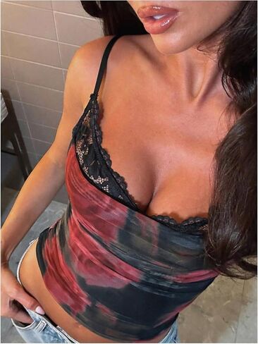 SOLY HUX Women's Floral Lace Cami Tops Y2k Spaghetti Strap Ruched Going Out Summer Crop Tops in Saudi Arabia