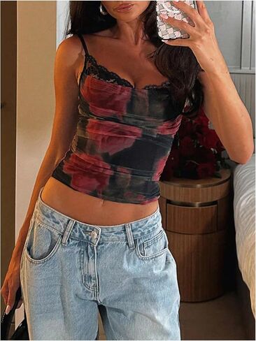 SOLY HUX Women's Floral Lace Cami Tops Y2k Spaghetti Strap Ruched Going Out Summer Crop Tops in Saudi Arabia