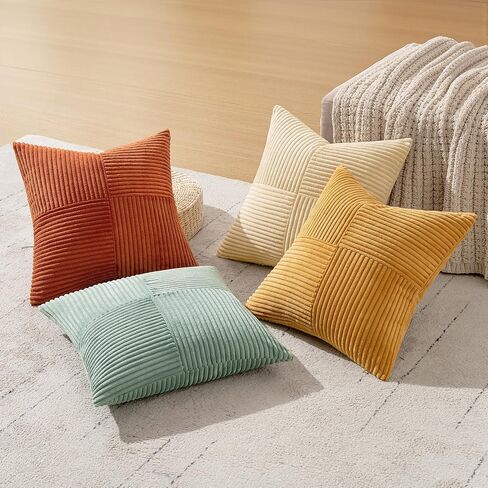 MIULEE Teal Orange Decorative Throw Pillow Covers 18x18 Inch Set of 4 Boho Corduroy Striped Cushion Cases Modern Farmhouse Patchwork Pillow Cases for Couch Sofa Bedroom Fall Home Decor in Saudi Arabia