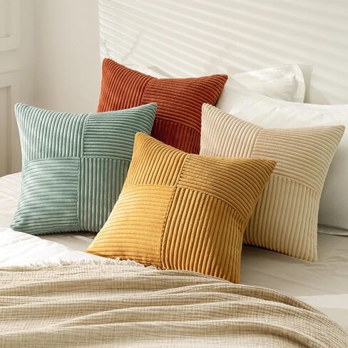 MIULEE Teal Orange Decorative Throw Pillow Covers 18x18 Inch Set of 4 Boho Corduroy Striped Cushion Cases Modern Farmhouse Patchwork Pillow Cases for Couch Sofa Bedroom Fall Home Decor in Saudi Arabia