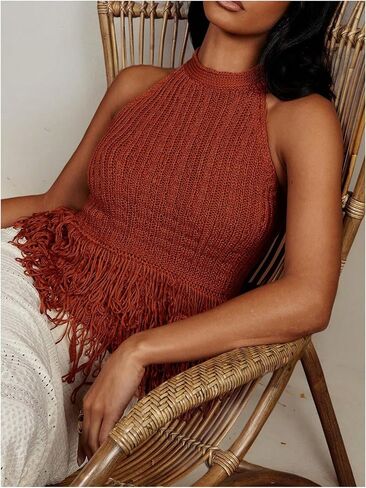 Floerns Women's Summer Fringe Trim Sweater Vest Sleeveless Knitted Going Out Halter Tops in Saudi Arabia