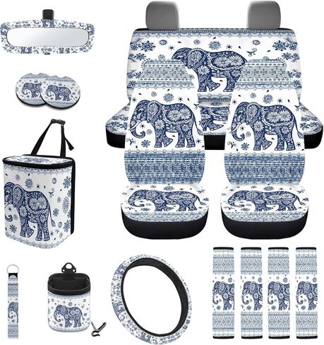 CLOHOMIN Aztec Western Car Seat Cover Set of 15 Geometric Auto Steering Wheel Cover Seat Belt Strap Pad Cup Holder Trash Bag Air Vent Organizer Rear View Mirror Protector Keychain in Kuwait