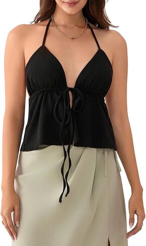 Women's Summer Y2K Tie Front Camisoles Sexy Halter V-Neck Cute Babydoll Bandana Going Out Tops in Kuwait