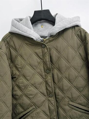 Women's Fake Two Piece Splicing Hooded Long Sleeve Diamond Pattern Quilted Jacket Coat Casual Streetwear Style in Saudi Arabia