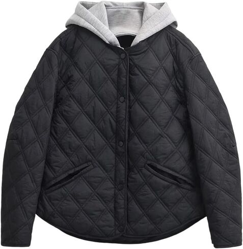 Women's Fake Two Piece Splicing Hooded Long Sleeve Diamond Pattern Quilted Jacket Coat Casual Streetwear Style in Saudi Arabia