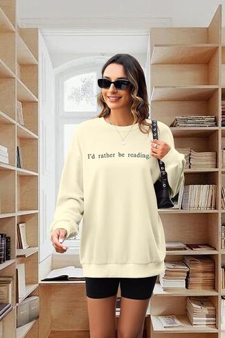 DUTUT Bookworm Embroidered Sweatshirt for Women: I'd Rather Be Reading Sweatshirts Long Sleeves Top Reading Lover Gift in Kuwait