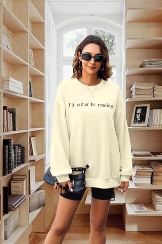 DUTUT Bookworm Embroidered Sweatshirt for Women: I'd Rather Be Reading Sweatshirts Long Sleeves Top Reading Lover Gift in Kuwait