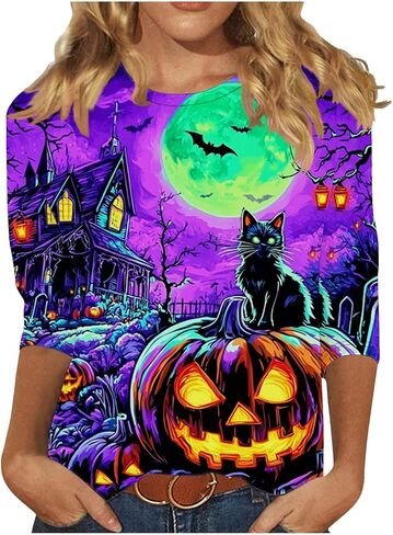 Womens Shirts 3/4 Sleeve Halloween Tops Loose Witch Printed Tshirt Casual Crew Neck Holiday Tees Trendy Novelty Shirt in Saudi Arabia