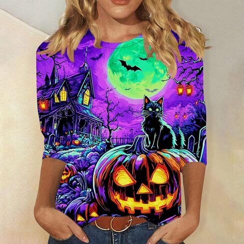Womens Shirts 3/4 Sleeve Halloween Tops Loose Witch Printed Tshirt Casual Crew Neck Holiday Tees Trendy Novelty Shirt in Saudi Arabia