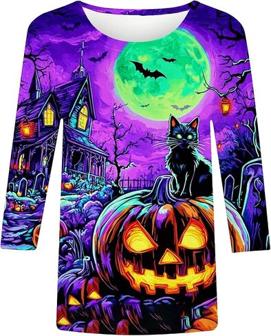 Womens Shirts 3/4 Sleeve Halloween Tops Loose Witch Printed Tshirt Casual Crew Neck Holiday Tees Trendy Novelty Shirt in Saudi Arabia