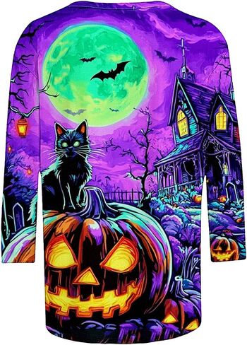 Womens Shirts 3/4 Sleeve Halloween Tops Loose Witch Printed Tshirt Casual Crew Neck Holiday Tees Trendy Novelty Shirt in Saudi Arabia