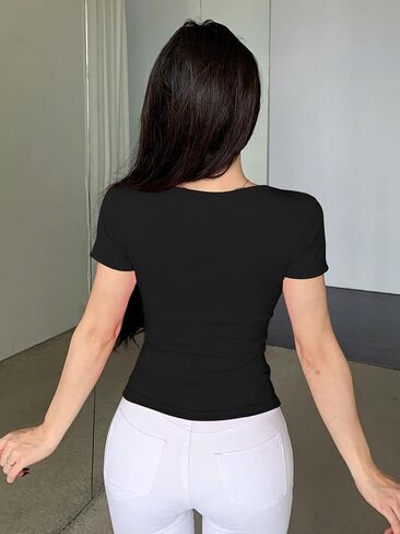 Women’s Square Neck Short Sleeve Fitted Blouse with Button Detail – Slim Fit, Stylish & Versatile for Casual & Party Wear in Saudi Arabia