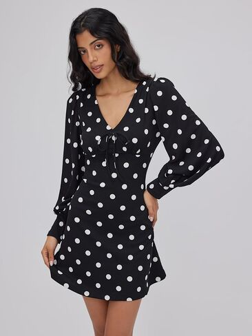 CIDER Womens Polka Dot Long Sleeve Mini Dress V Neck Tie Front Casual Dresses in Saudi Arabia