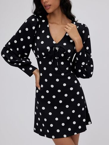 CIDER Womens Polka Dot Long Sleeve Mini Dress V Neck Tie Front Casual Dresses in Saudi Arabia