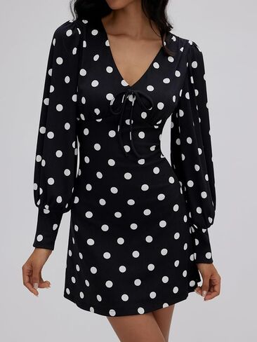 CIDER Womens Polka Dot Long Sleeve Mini Dress V Neck Tie Front Casual Dresses in Saudi Arabia