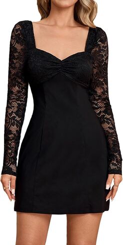 EYNMIN Women's Lace Mini Dress 2025 Fall Long Sleeve Sweetheart Neckline Bow Tie Backless A Line Short Going Out Dresses in Kuwait