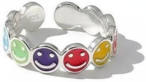 Sterling Silver Smiley Face Ring, Multicoloured Enamel Design, Adjustable Band in Saudi Arabia