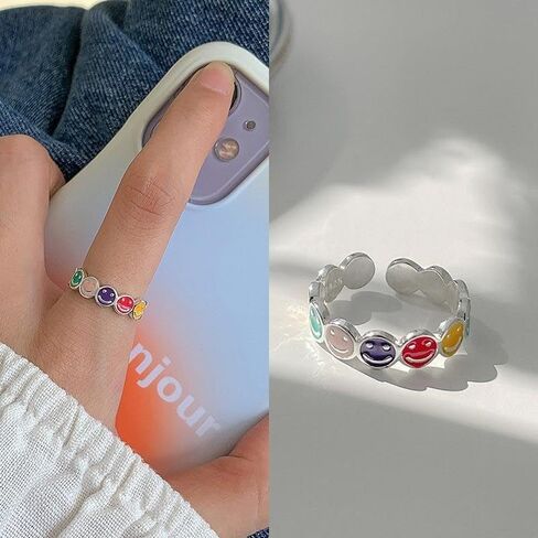 Sterling Silver Smiley Face Ring, Multicoloured Enamel Design, Adjustable Band in Saudi Arabia