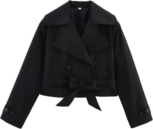 Xunger Women's Stylish Short Trench Coat Bow Belt Casual Long Sleeve Jacket Lightweight Spring Fall Windbreaker with Pockets in Kuwait
