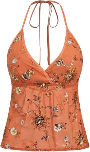 Milumia Women's Sparkly Sequin Halter Crop Top Sheer Mesh Open Back Sleeveless V Neck Cami Tank Top Going Out in Saudi Arabia