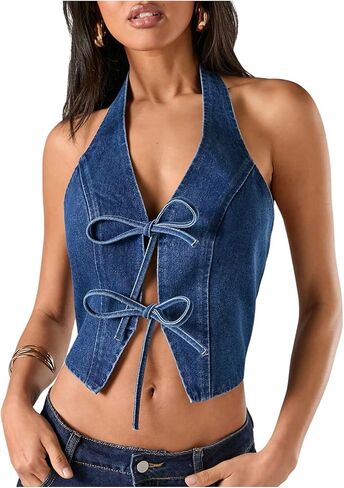 SweatyRocks Women's Bow Backless Denim Halter Top Tie Front Sleeveless Crop Tank Tops in Saudi Arabia