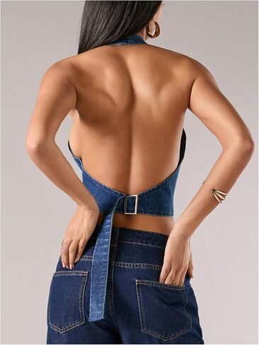 SweatyRocks Women's Bow Backless Denim Halter Top Tie Front Sleeveless Crop Tank Tops in Saudi Arabia